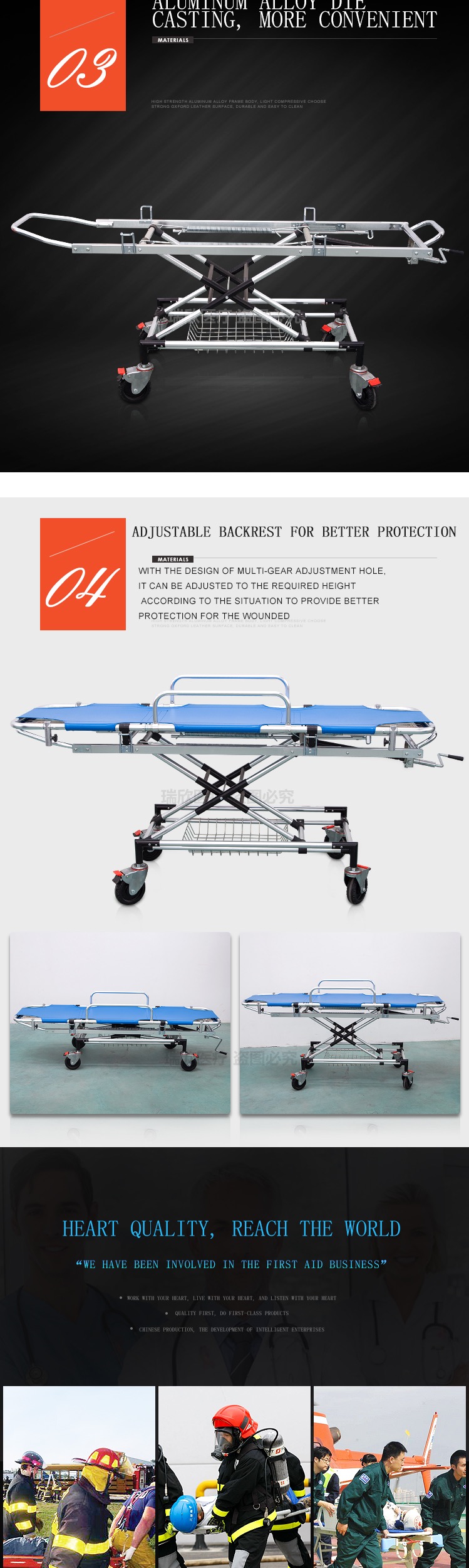 Blue Ambulance Stretcher Bed Aluminum Alloy Medical Stretcher Transport