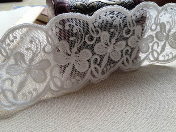Butterfly Floral White Nylon Mesh Lace Ribbon , Scalloped Lace Trim By The Yar