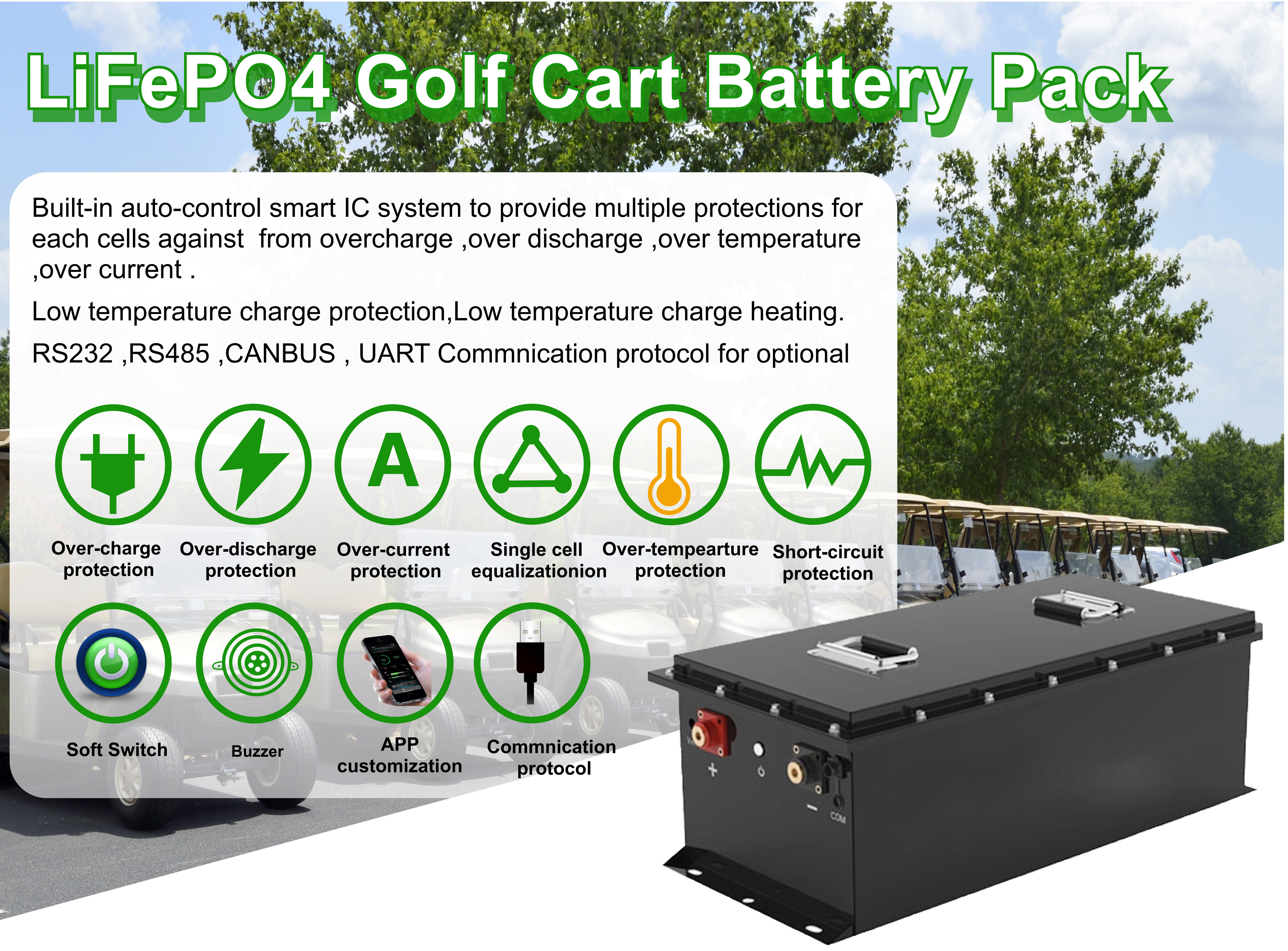IP67 Lithium Ferro Phosphate 48V 51.2V 105Ah Golf Cart Battery Peak Current 300A/10s Continuous Discharge Current 100A