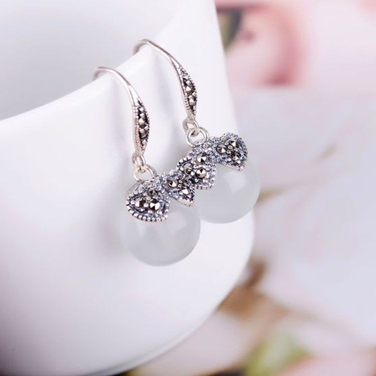 Sterling Silver White Moon Stone with Marcasite Dangle Hoop Earrings(E12032WHITE)