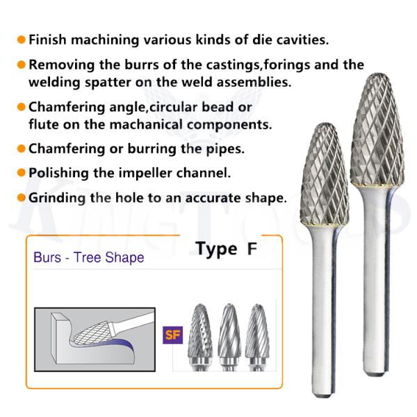 SF-5 Double Cut Tree Shape Radius End Burrs File 1/4'' Shank 45mm Length Tungsten Carbide Rotary Burrs