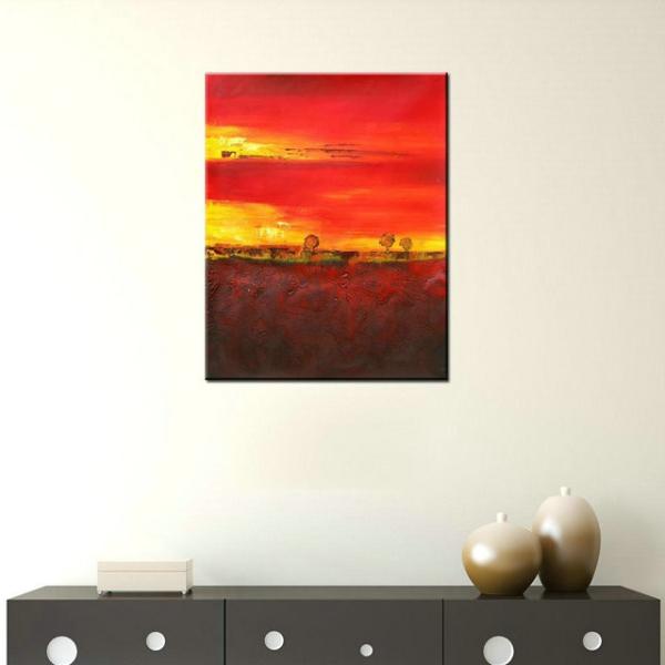 100% Handmade Abstract Textured Red Yellow Oil Painting on Canvas Modern Nordic