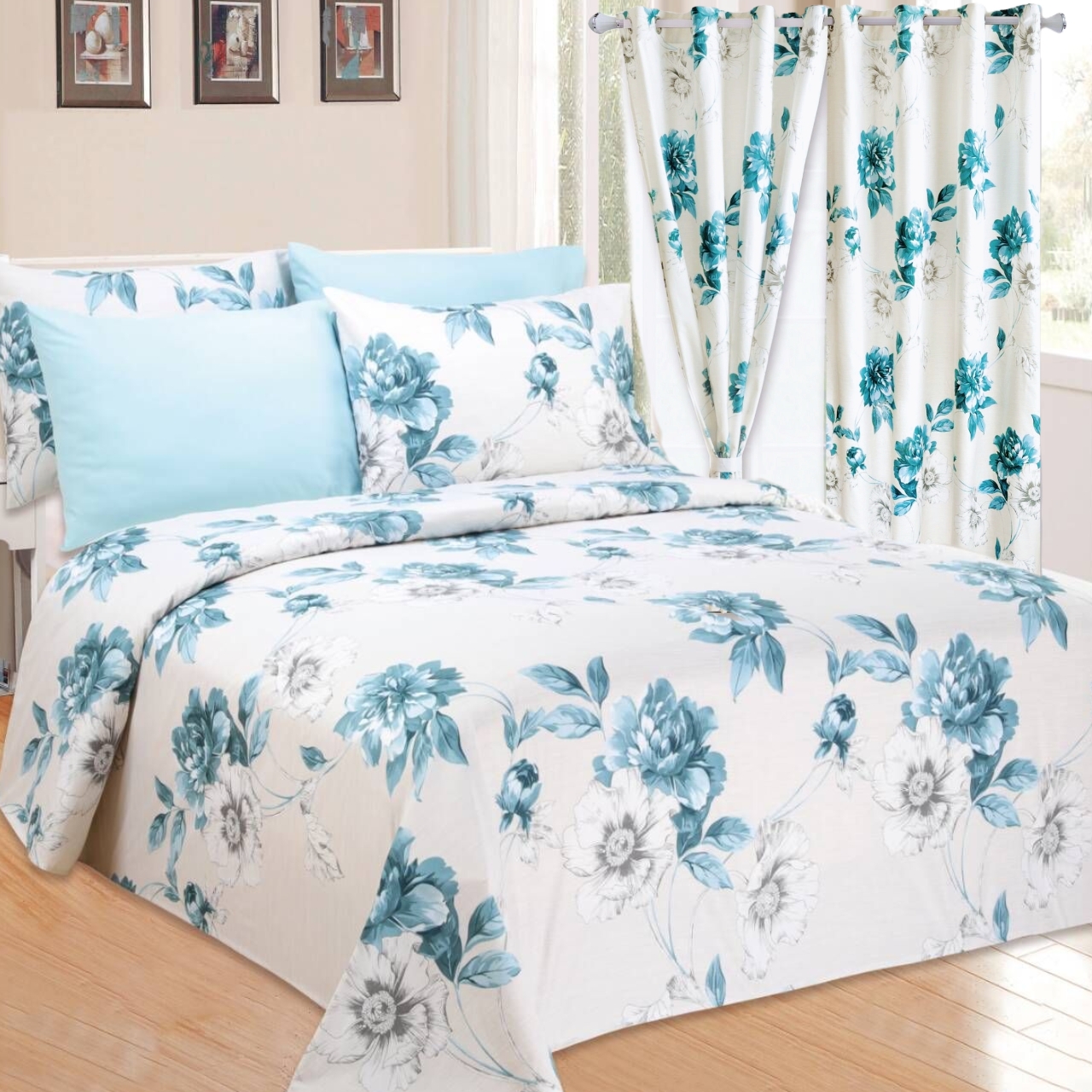 Home 100% Polyester Yellow Floral Print Bedding Set with 2 Curtains 8 Pieces