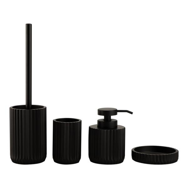 Black polyresin bathroom set round shape with vertical stripe hand soap bottle toilet brush holder