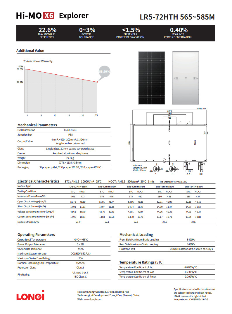 Longi Hi-Mo X6 Solar Panels LR5-72HTH 565-585M 565W 570W 575W 580W 585W HPBC Longi Solar Modules