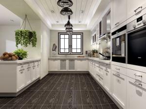 China Fadior European Style U-Shaped Layout Stainless Steel Kitchen Cabinets With Embossed Door Panel factory