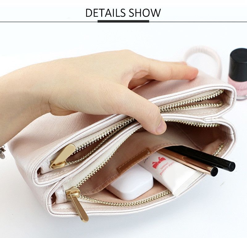 Double Zipper Travel Toiletry Cosmetic Waterproof Shiny PU Bag