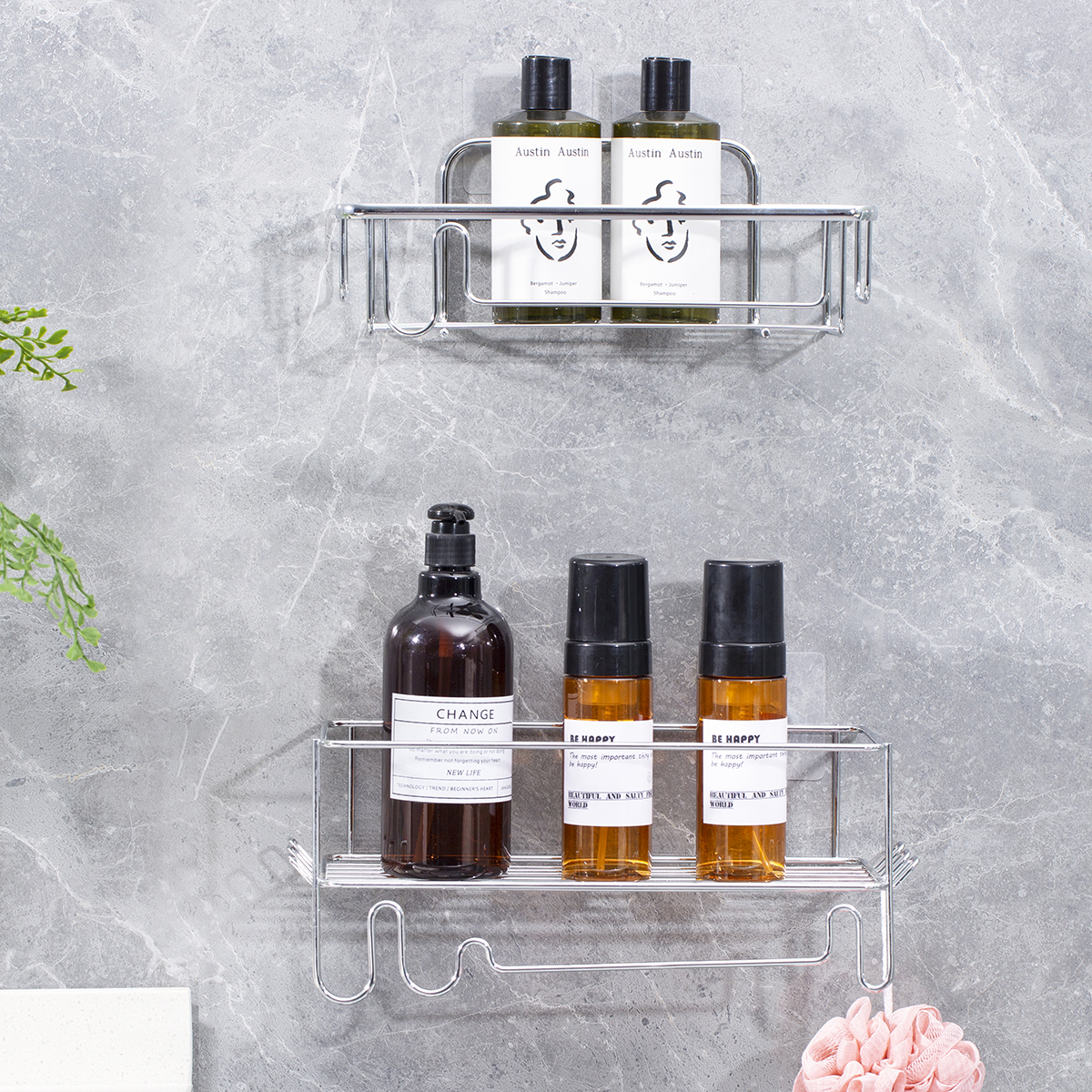 Single Tier Metal Bathroom Shower Caddy Towel Storage Shelf Bolt Inserting Type