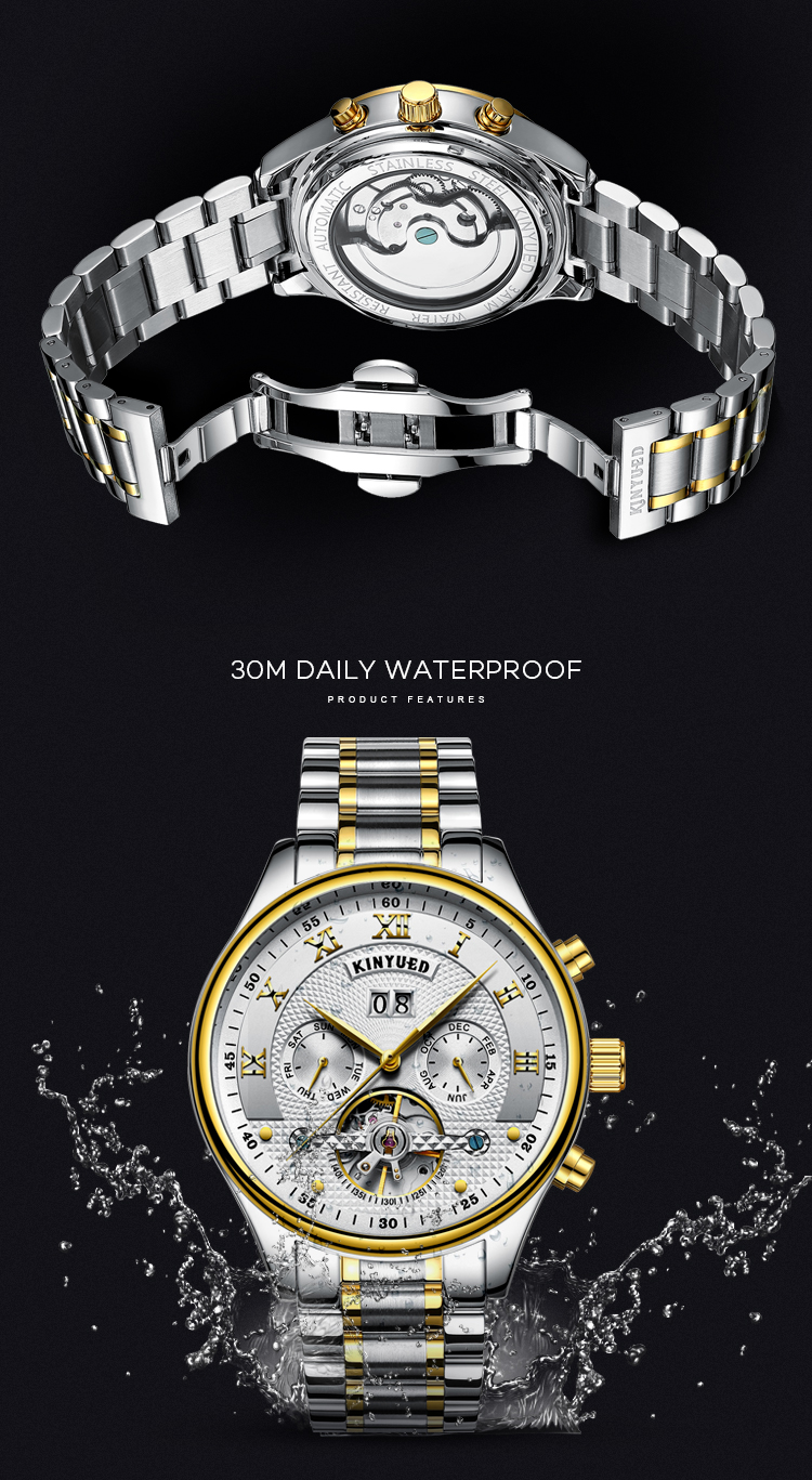 KINYUED Brand Two-Tone Gold Silver Case Solid Stainless Steel Strap Waterproof Automatic Mechanical relogio masculino