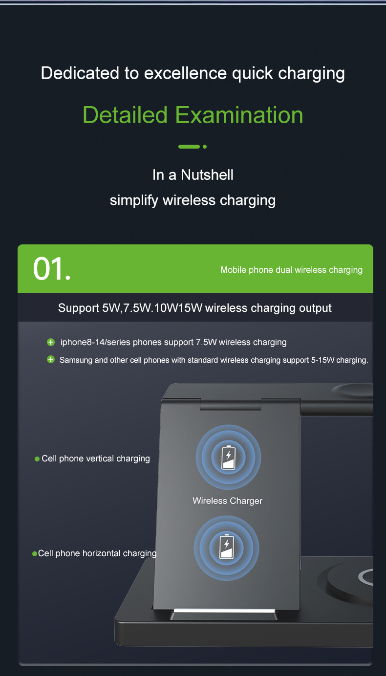 Foldable Wireless Charging Station for Smartphones Earbuds Watches 3W Watch Charging 15W Phone Output Custom