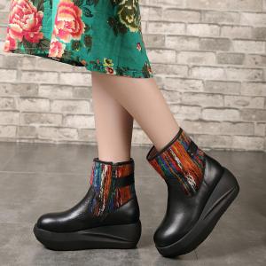 China S031 Winter new fleece warm leather women's boots original leather hit color casual slope heel platform women's boots factory