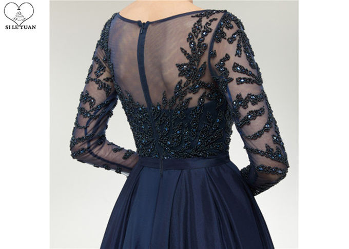 Wine Navy Blue Long Tail Gown , Heavy Beaded 2 In 1 Formal Ball Gowns Long Sleeve