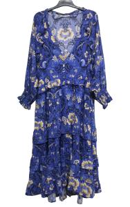 China Flower Printed Custom Womens Dresses V Necked Pleated Blue Color BS191215 factory