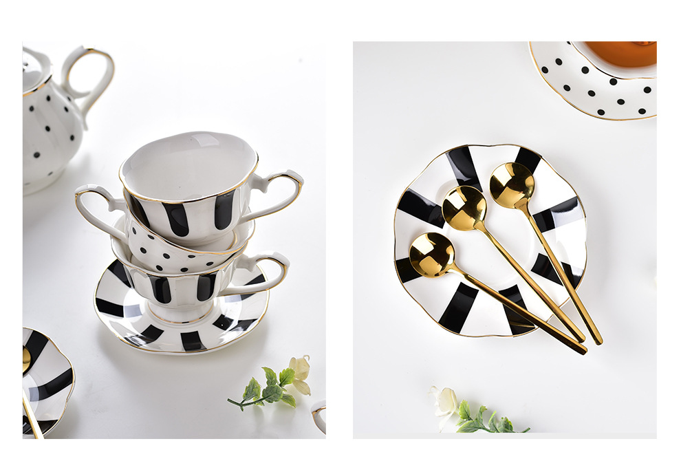 Europe Design Ceramic Porcelain Tea Cup And Saucer Set 180ml Gold Line Gold Rim Mug Spoon