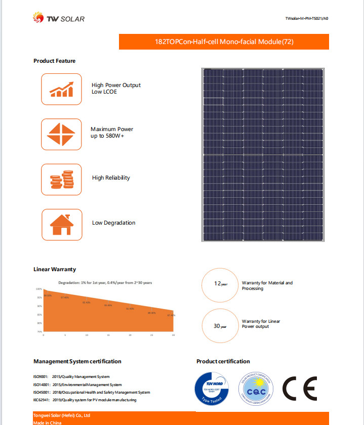 182 Topcon TW Solar Module 565W 570W 575W 580W Photovolaic Panel