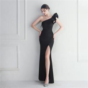 China Black Slim Evening Dress Irregular Ruffled Edge Sexy Floor Length Dress With Hip Bag on sale