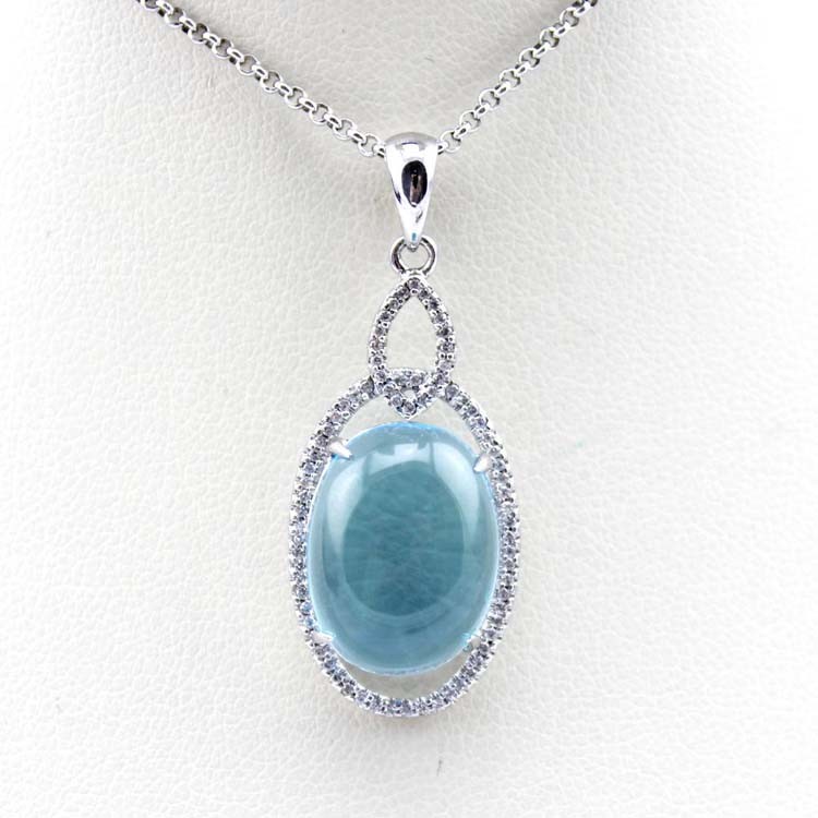 925 Silver Pendant 12mmx15mm Oval Dome Blue Topaz Cubic Zirconia (PSJ034)
