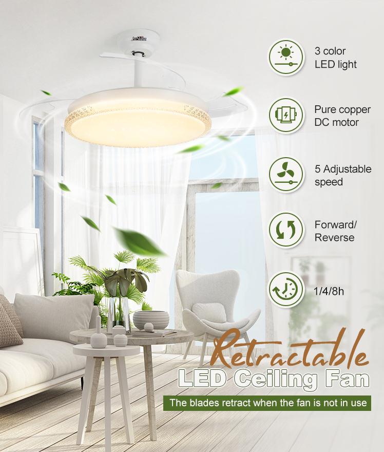 2- White Folding Blades Design LED Ceiling Fan with BLDC Motor and Retractable Blades