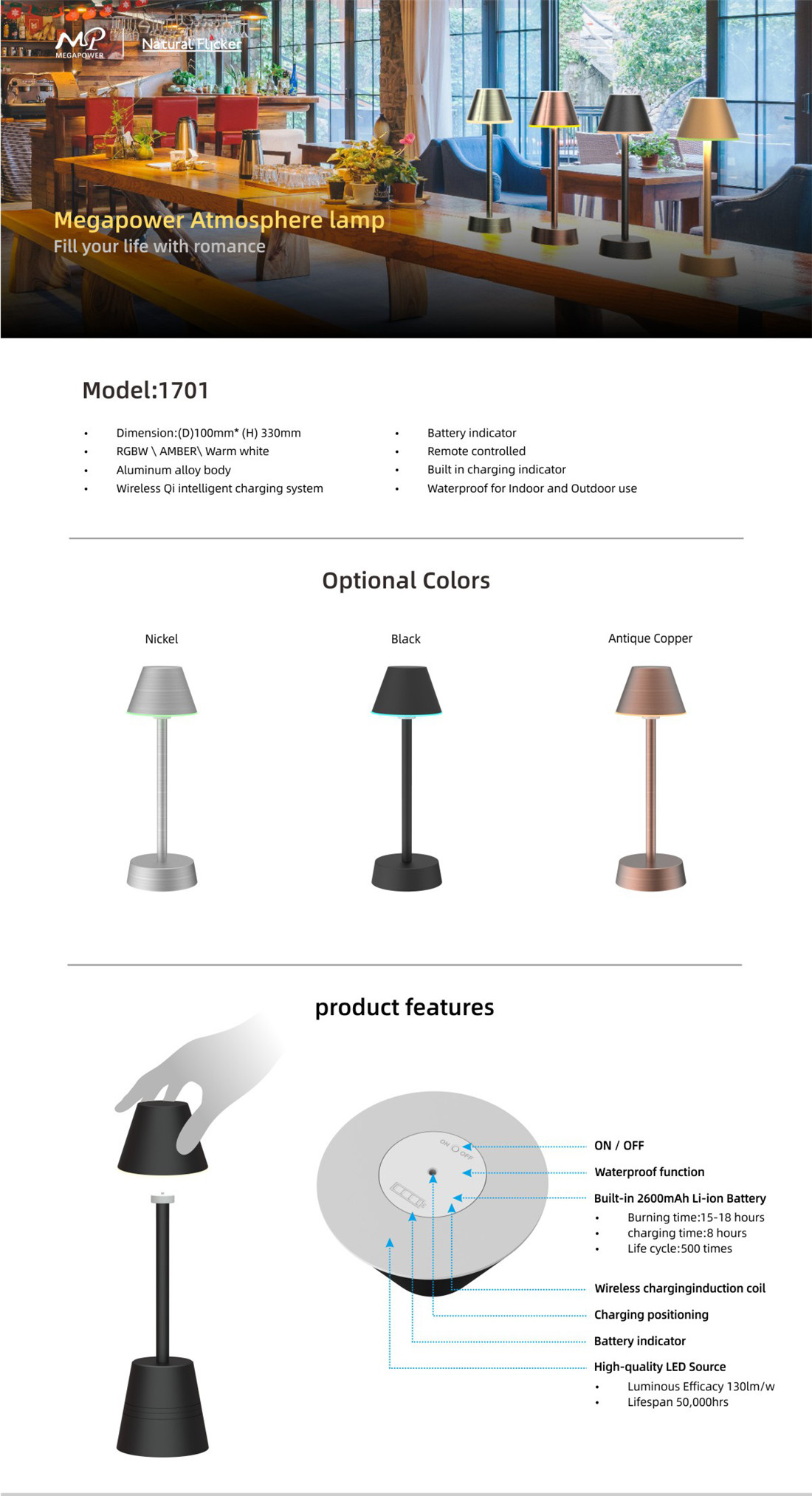 Megapower Phone Control Table Lamp Portable Color Changing RGB & Dimmable Warm White Night Light for Bedrooms