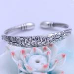 Women Engraved Water Lily Buddhist Sutras Sterling Silver Cuff Bracelet