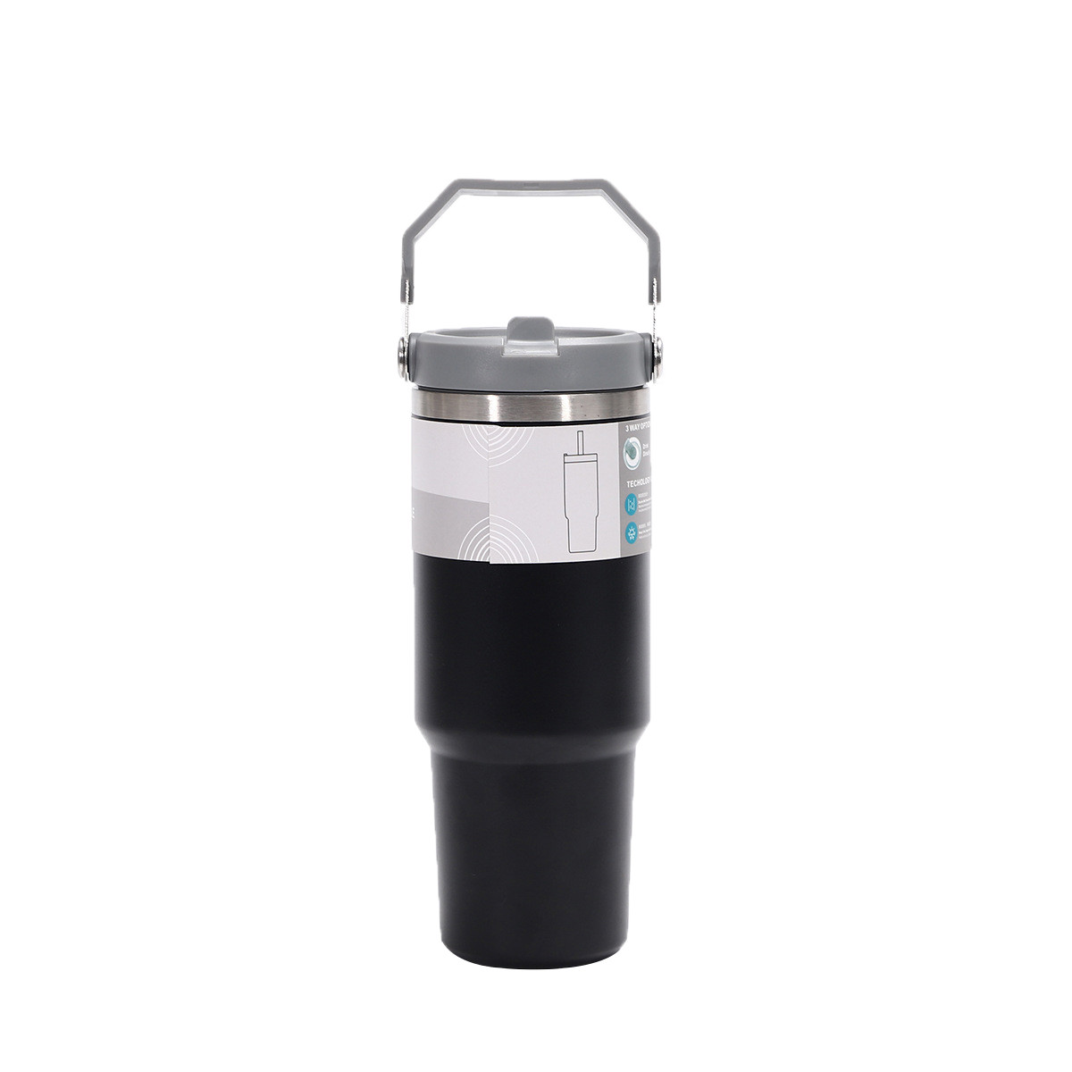 Reusable Portable Water Bottle with Built in Straw and Lid 30oz Black