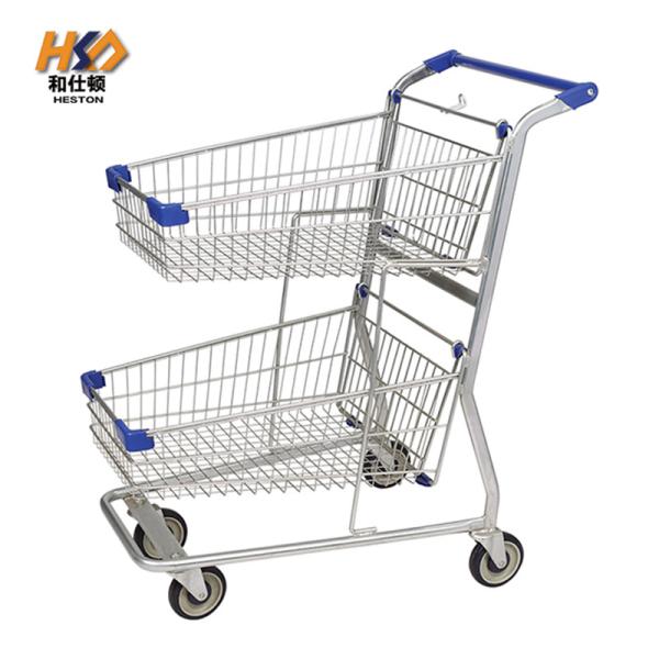 180L 2 Tier Double Basket Metal Shopping Cart With Wheels Trolley For Retail