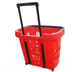 China Virgin PP Wheeled Shopping Trolley Durable Pull Lift Plastic Basket 2Pcs Handle factory