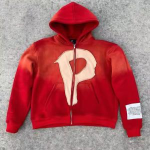 China Custom Vintage Faded Oversized French Terry Boxy Cropped Hoodie Mens Distressed Applique Embroidery Acid Wash Zip Up Hoodie factory