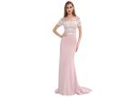 Pink Tight Long Arabic Wedding Party Dresses Short Sleeve U - Neck With