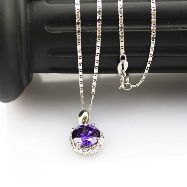 Fine Silver Jewelry Round Amethyst Cubic Zircon Pendant Necklace (PSJ0413)