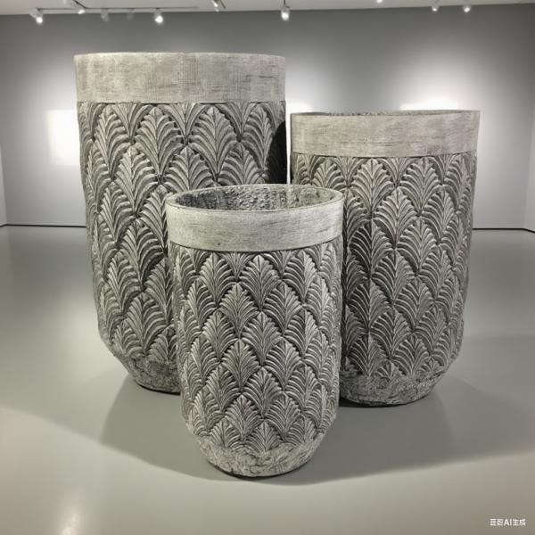 GRC Pot Grey Cylindrical Repetitive Palm Leaf Pattern Low-maintainence Office Decoration