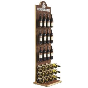 China Customized Free Standing Wine Display Stand Wine Rack Wood Storage Wooden Display Shelf for Bar factory