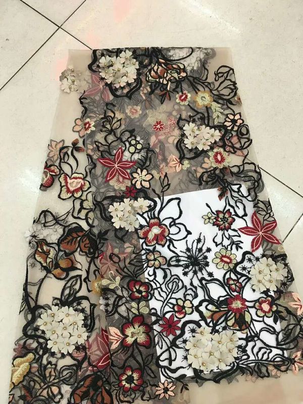 Multi Color Embroidered 3D Flower Lace Fabric / Fabric , Bead Lace Tulle For Dress