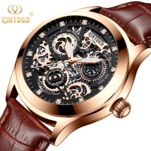 China KINYUED oem waterproof custom logo leather fashion tourbillon skeleton wrist watch luxury automatic watches mens watch factory