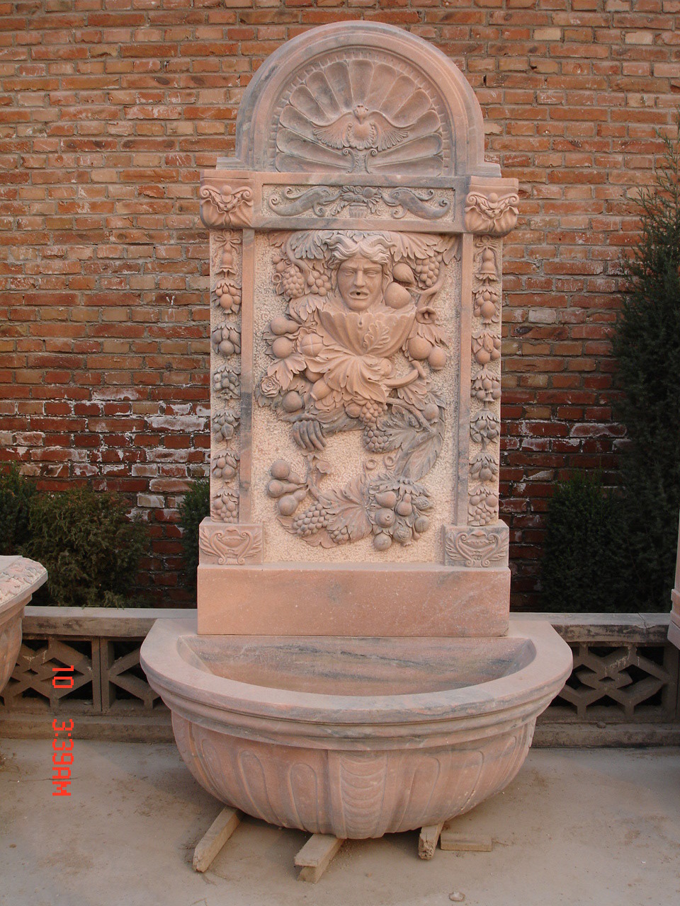 Lotus Flower Carved Pink Marble Stone Wall Water Fountain