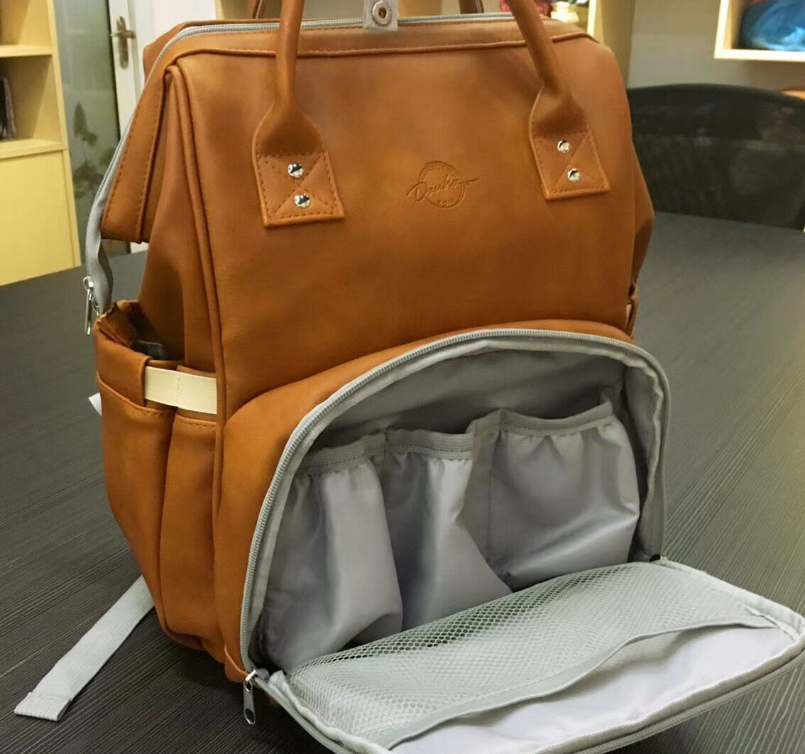 Brown PU Leather Baby Bag Backpack , Unisex Maternity Diaper Bags For Mom And Dad