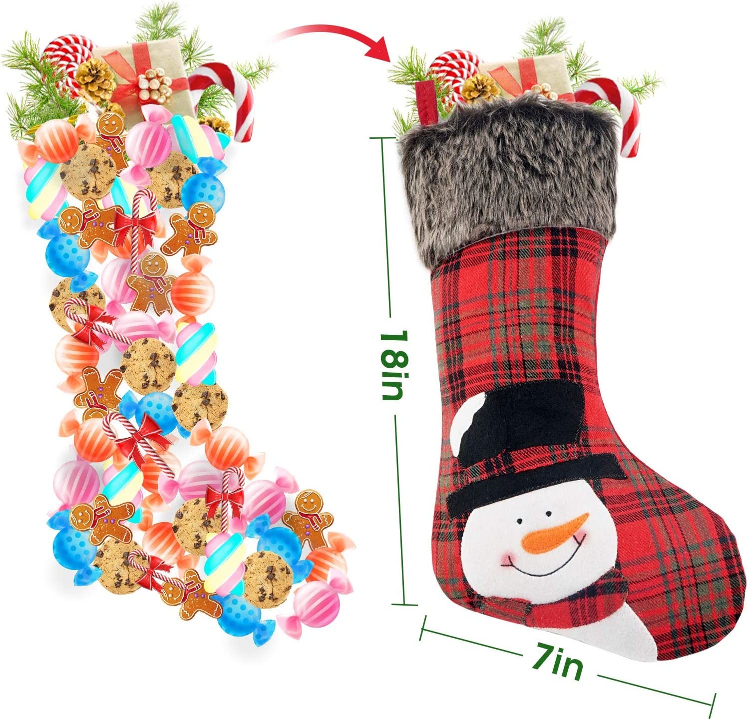 Christmas Stockings, 4 Pack 19'' Xmas Stockings with Penguin Santa Snowman Reindeer and Plush Faux Fur Cuff Family Pack