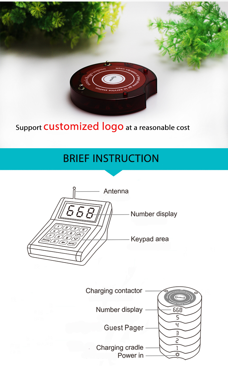 Wireless 433.92 Free queue guest pager system for restaurant managing waiting customer