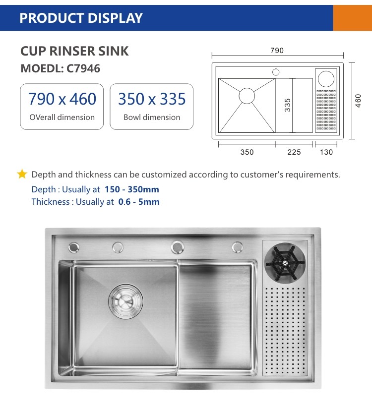 Handmade Cup Rinser Sink Stainless Steel 16 Gauge Single Bowl 33x22