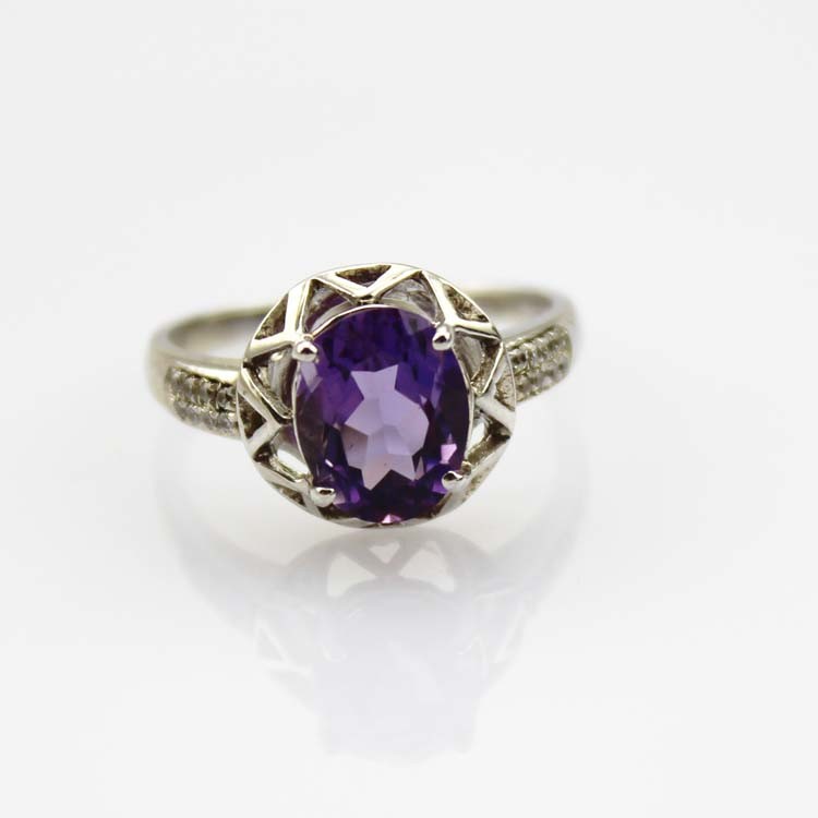 Created Amethyst Sterling Silver Ring with Cubic Zirconia (R112)