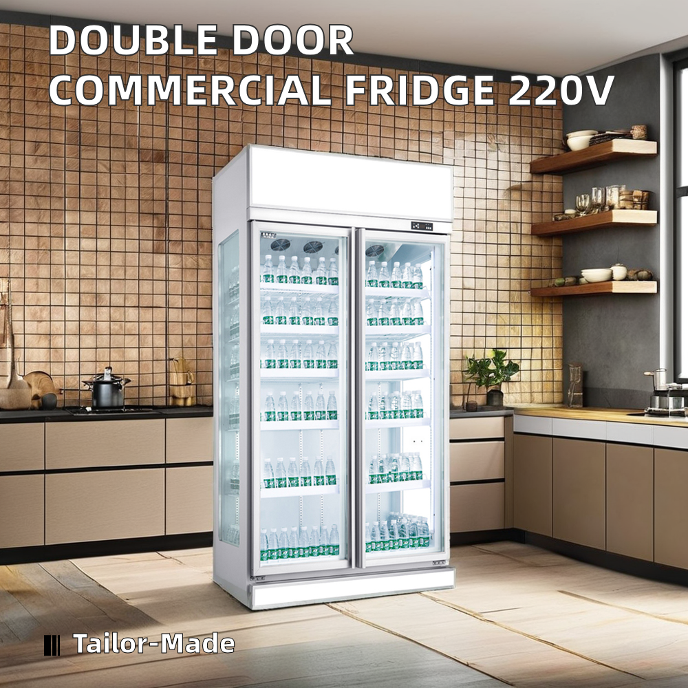 Commercial 220V Single-Temperature LED Light Glass-Freezer Double-Door Beverage Cooler Digital Hotel Display Drinks Storage