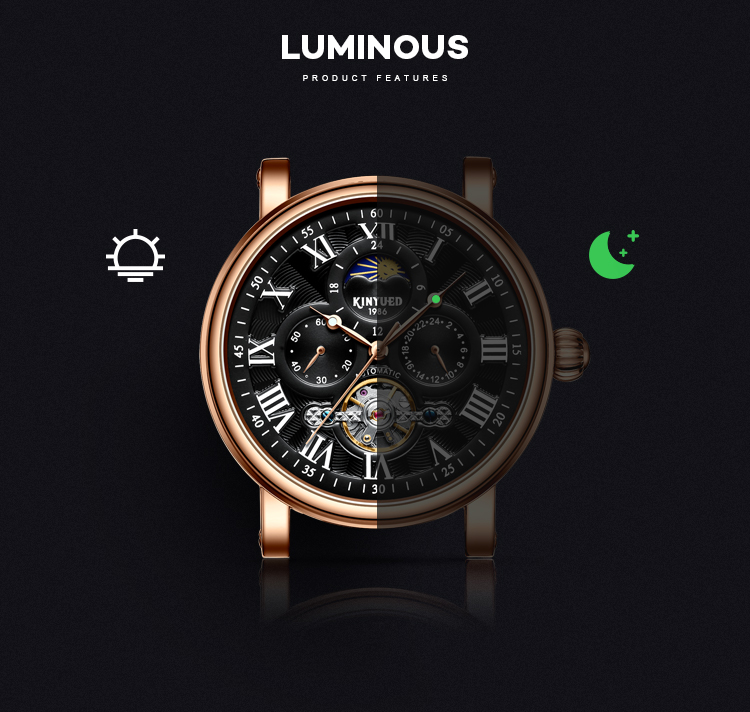 KINYUED wristwatches automatic men moon phase luminous tourbillon skeleton mechanical watch