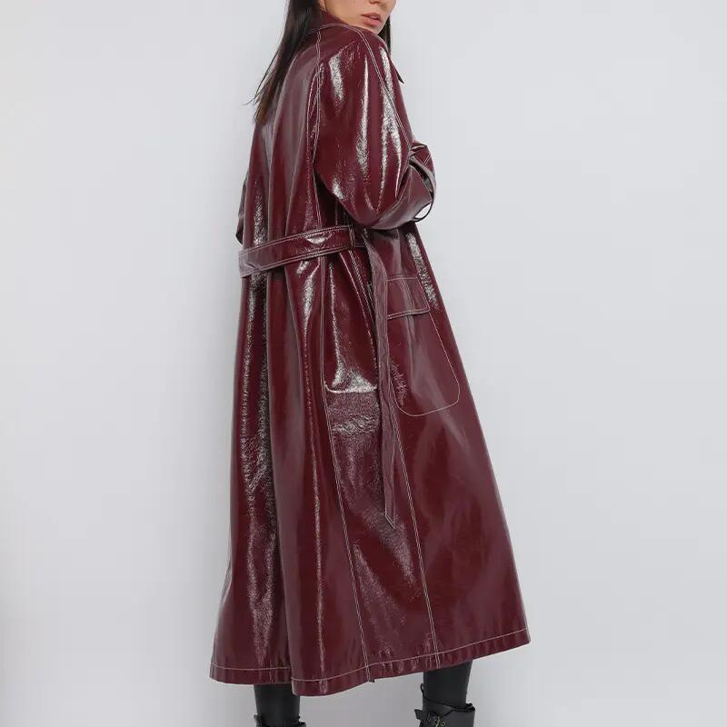 Wine Red Trench Women&prime;s Slim Motorcycle PU Leather Coat Long Slim with Belt Women&prime;s Leather Trench Coats