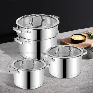 China Multifunction Kitchen No 304 Stainless Steel Cooking Pot Set Soup Pot Steamer Pot Cookware Set With Glass Lid factory