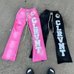 Flared Mens Sweatpants Black Oversized Cut Raw Hem Acid Wash Sunfaded Embroidery