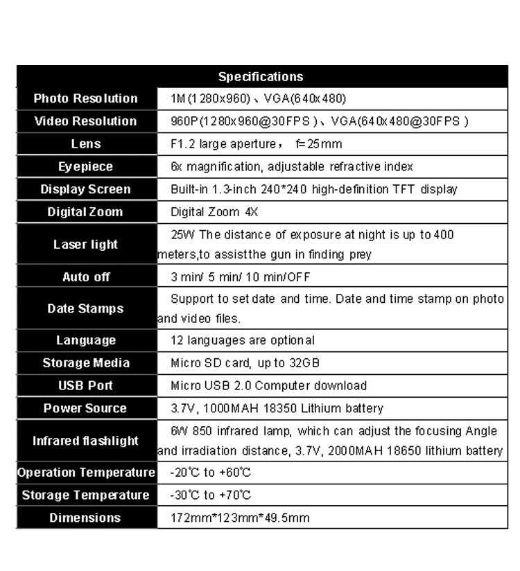 1280x960 Outdoor Trail Camera NV3000 Infrared Digital Night Vison Monocular