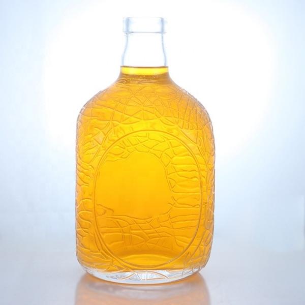 Unique Round Shape Embossed Food Grade Rum Vodka Whisky Tequila Gin Glass Bottle