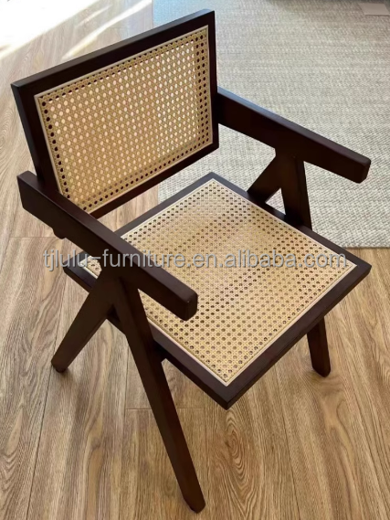 Natural Solid Wood Dining Chair with Modern Rattan Backrest in Black Finish