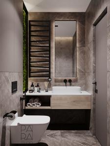 China Customized Modern Wood Veneer Bathroom Vanity With Mirror And White Sink Black Rack factory