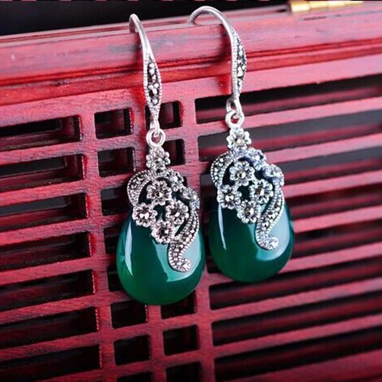 Retro Jewelry Thai 925 Silver with Marcasite Green Agate Earrings(LR1036GREEN)